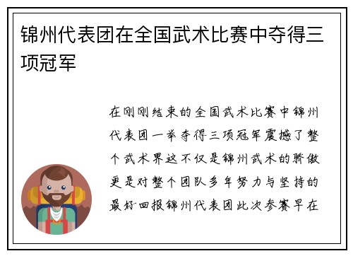 锦州代表团在全国武术比赛中夺得三项冠军